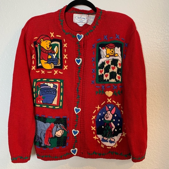 The Disney Store Winnie the Pooh Christmas Knit Cardigan Size Small Red VTG Rare - Picture 1 of 16